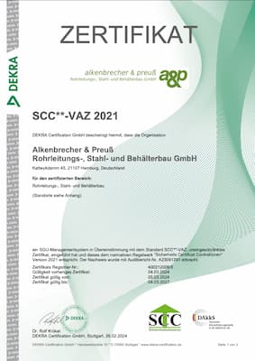 DEKRA: SCC ** alkenbrecher & Preuß Rohrleitungs-, Stahl und Behälterbau GmbH