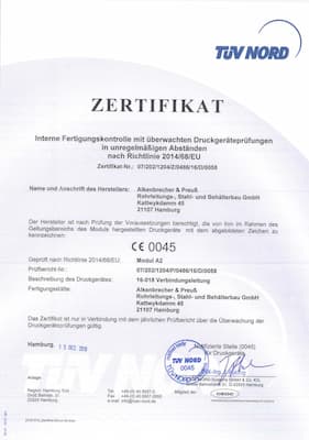 TÜV Nord Zertifikat: Interne Fertigungskontrolle mit überwachten Druckprüfungen in unregelmäßigen Abständen nach Richtlinie 2014/68/EU