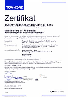 Zertifikat TÜV Nord: Tragende Bauteile und Bausätze für Stahltragwerke bis EXC2 nach EN 1090-2