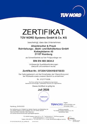 Zertifikat TÜV Nord: Stahltragwerke, Druckgeräte und Rohrleitungen nach DIN EN ISO 3834-2